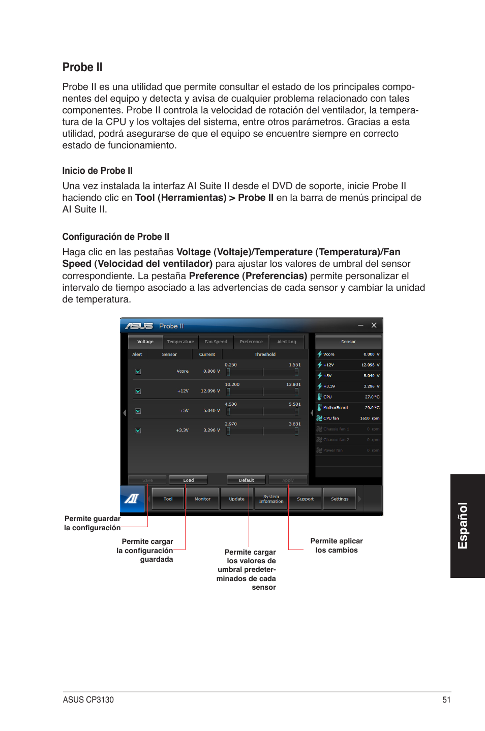 Español, Español probe ii | Asus CP3130 User Manual | Page 51 / 68