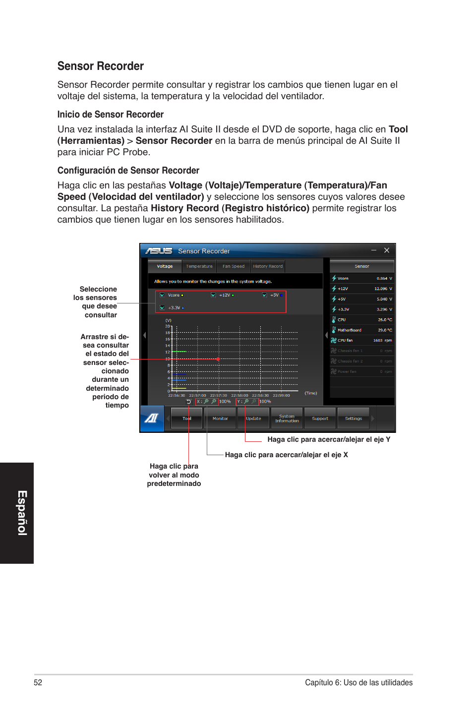 Español, Español sensor recorder | Asus CP3130 User Manual | Page 52 / 68