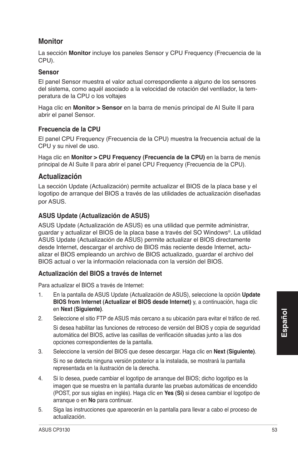 Español, Monitor, Actualización | Asus CP3130 User Manual | Page 53 / 68