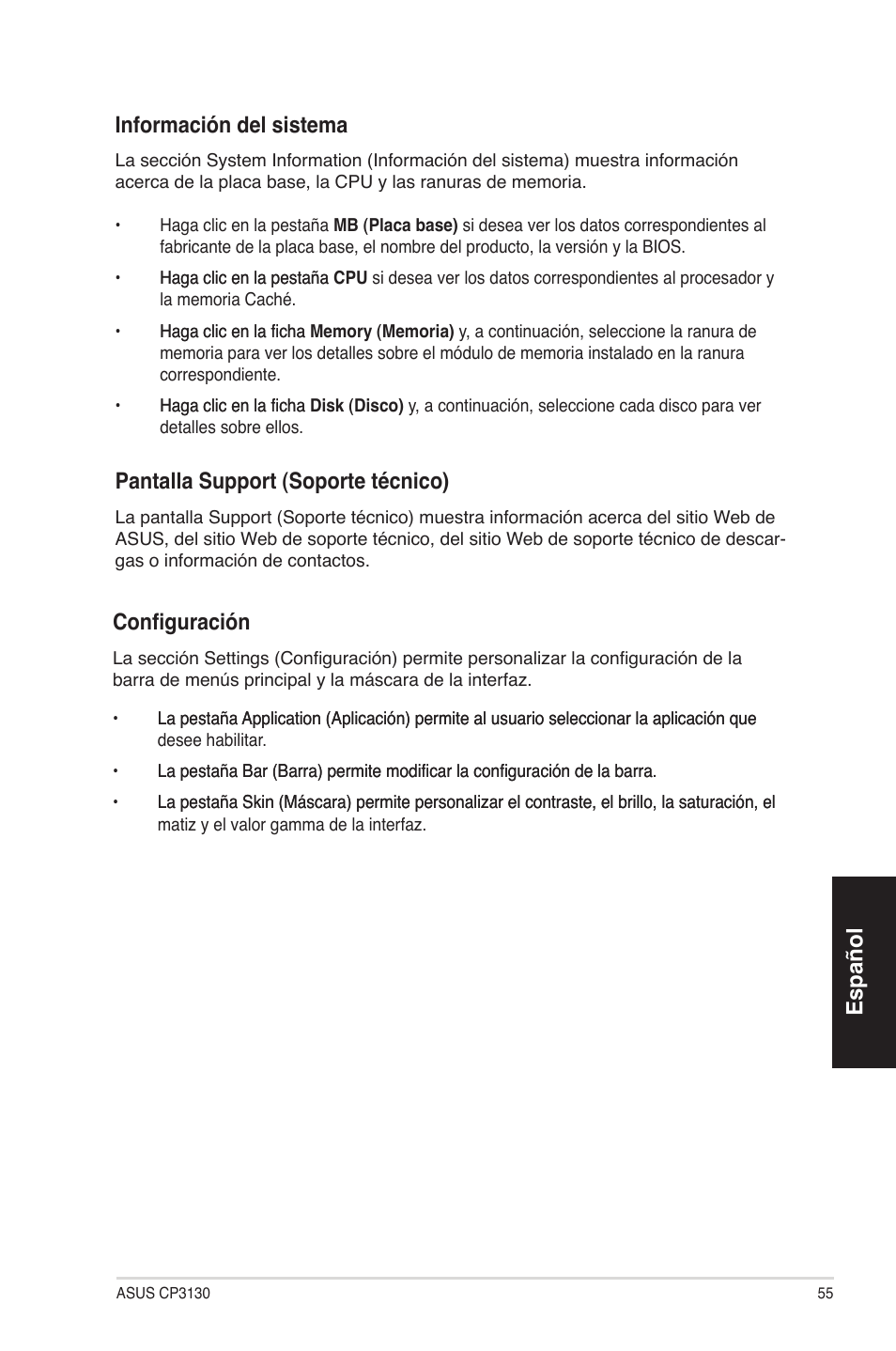 Español, Español información del sistema, Pantalla support (soporte técnico) | Configuración | Asus CP3130 User Manual | Page 55 / 68