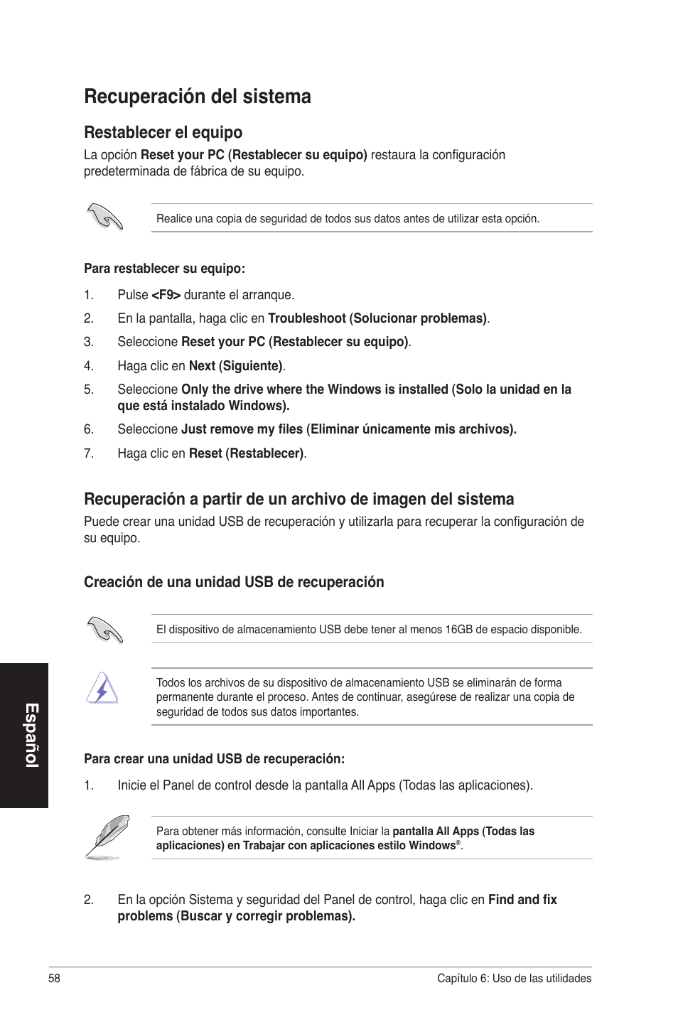 Recuperación del sistema, Español, Restablecer el equipo | Asus CP3130 User Manual | Page 58 / 68