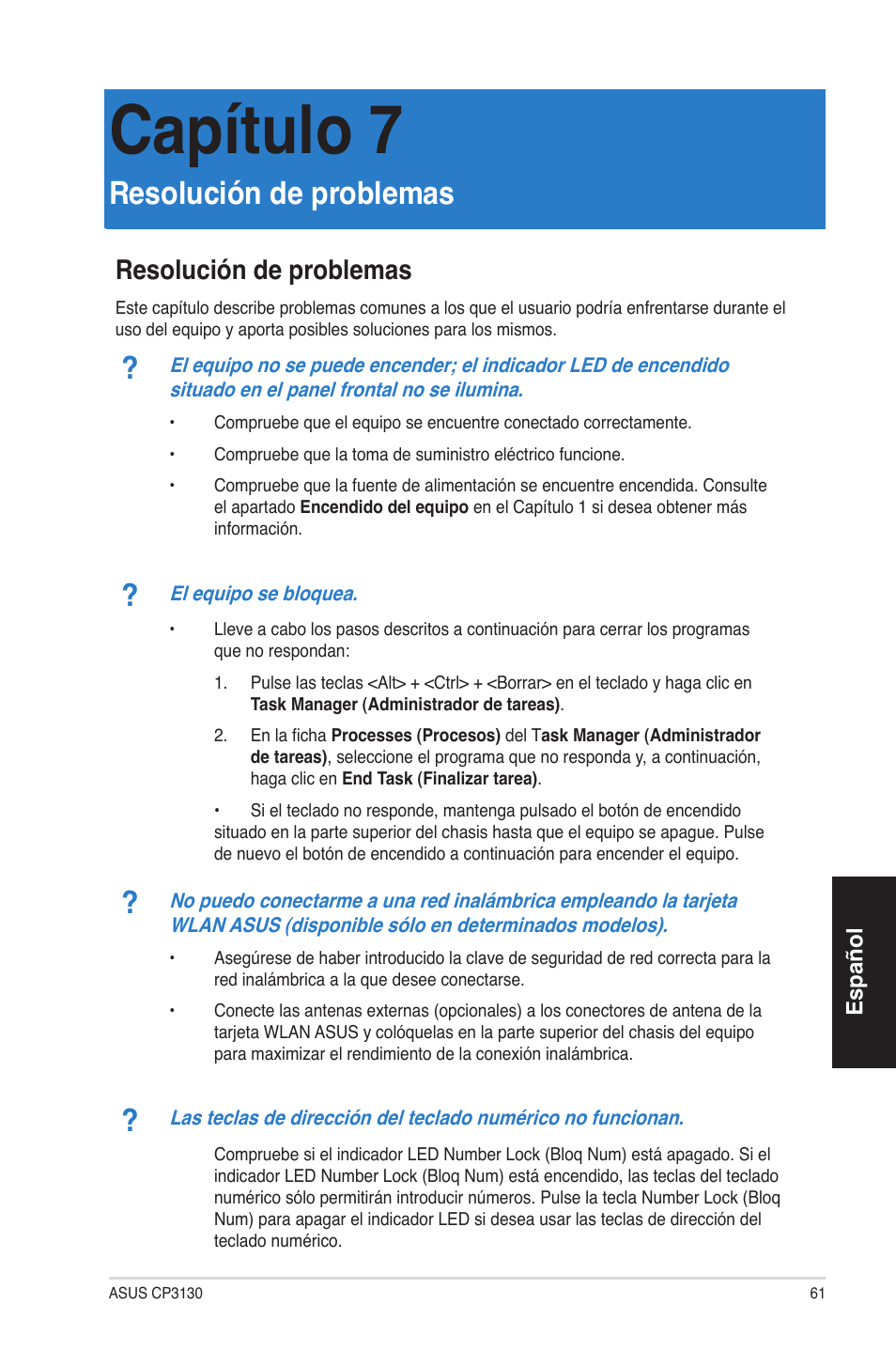 Capítulo 7, Resolución de problemas | Asus CP3130 User Manual | Page 61 / 68