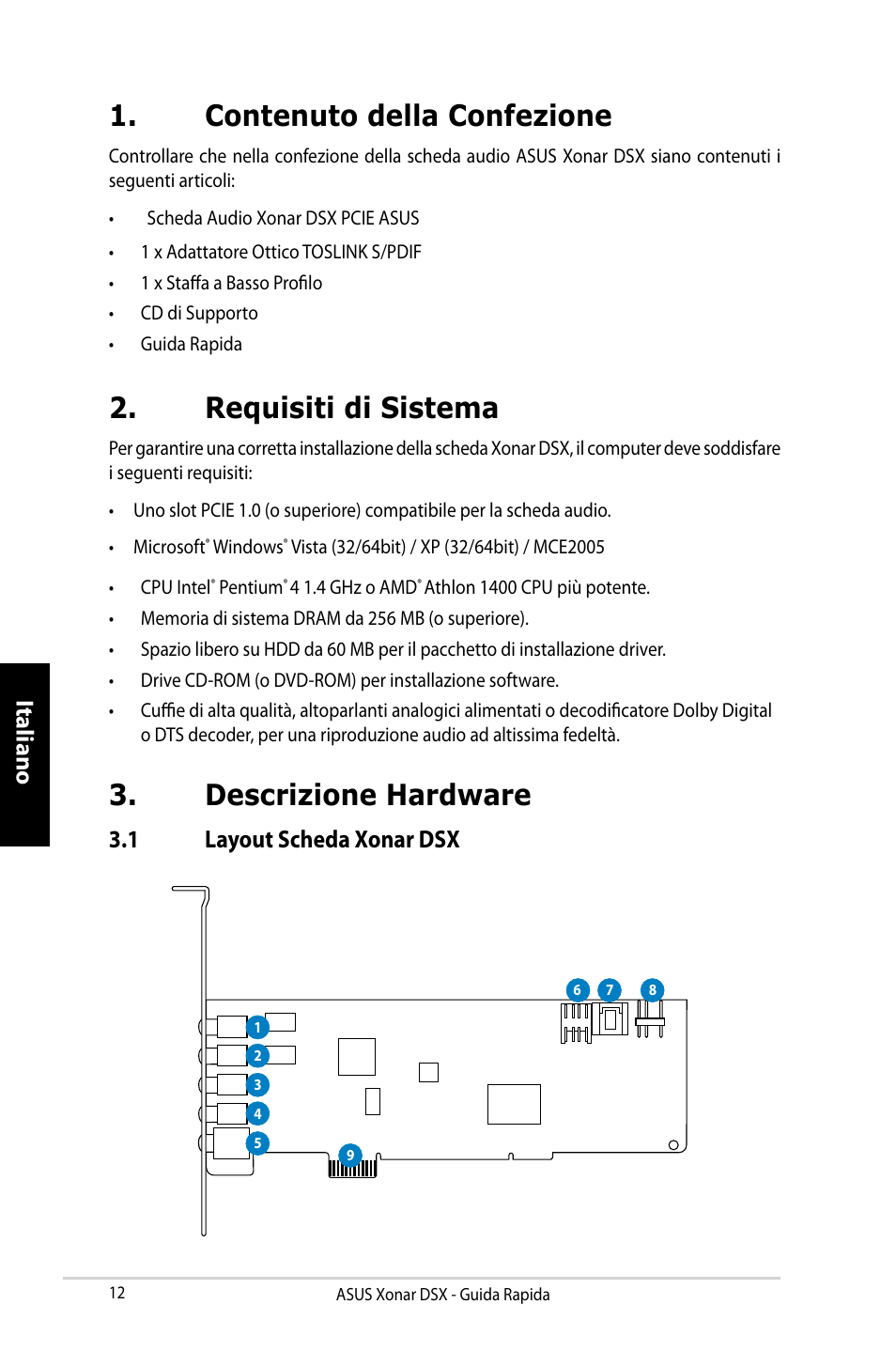 Contenuto della confezione, Requisiti di sistema, Descrizione hardware | Italiano, 1 layout scheda xonar dsx | Asus Xonar DSX User Manual | Page 12 / 29