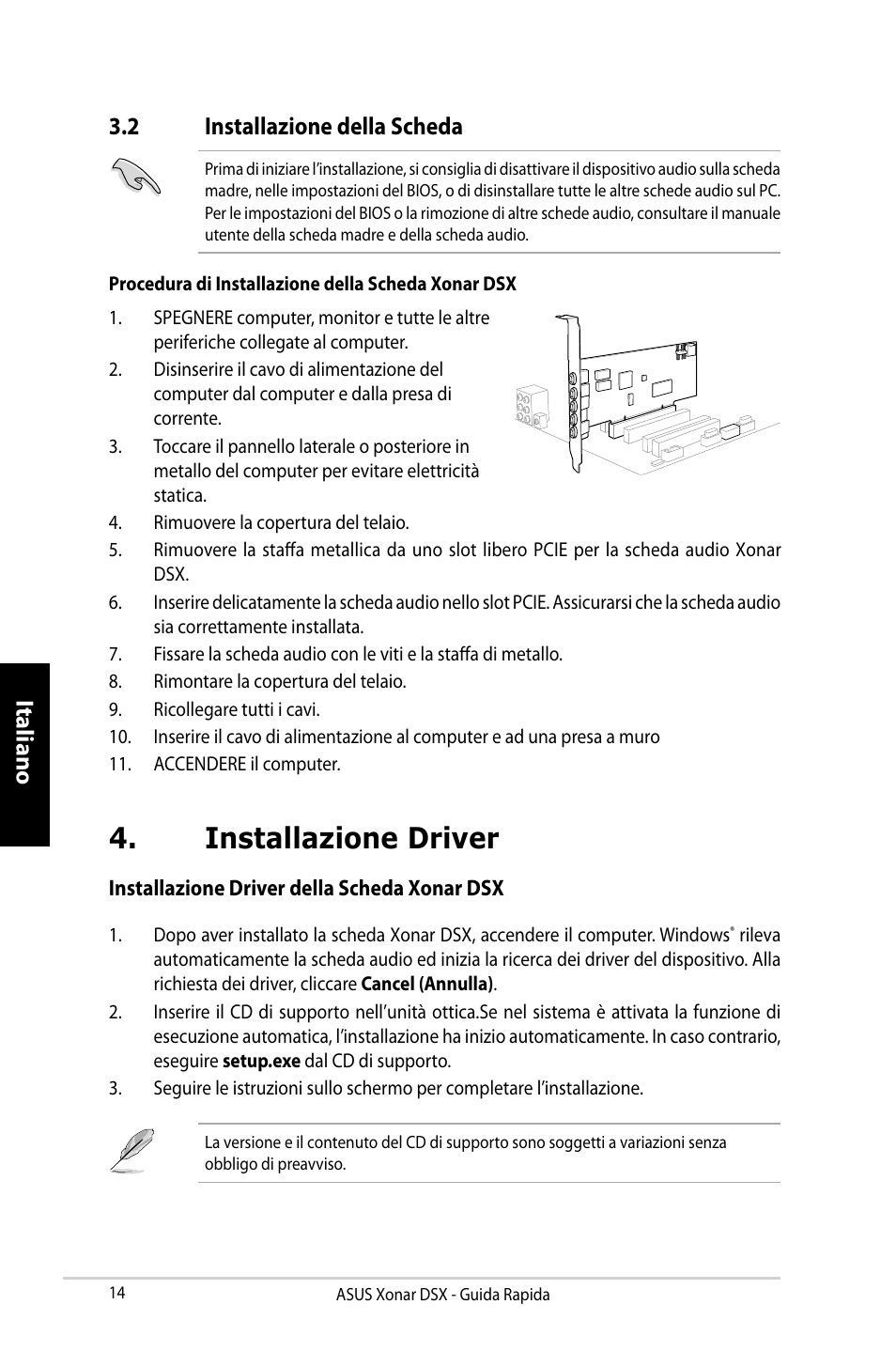 Installazione driver, Italiano, 2 installazione della scheda | Asus Xonar DSX User Manual | Page 14 / 29