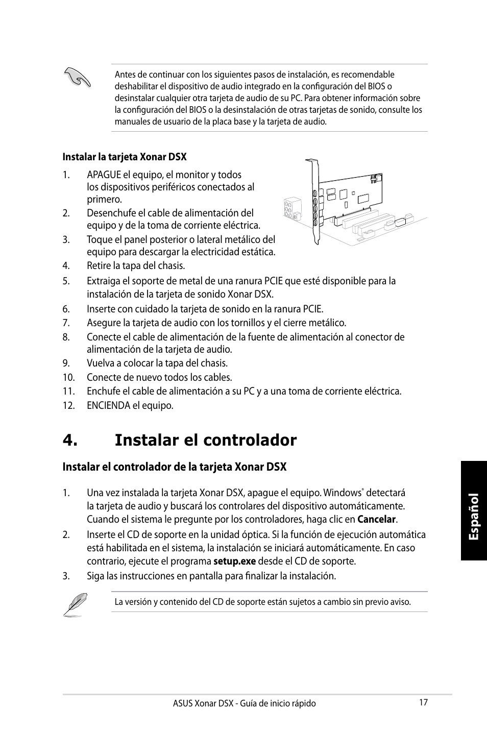 Instalar el controlador, Español, Instalar el controlador de la tarjeta xonar dsx | Asus Xonar DSX User Manual | Page 17 / 29