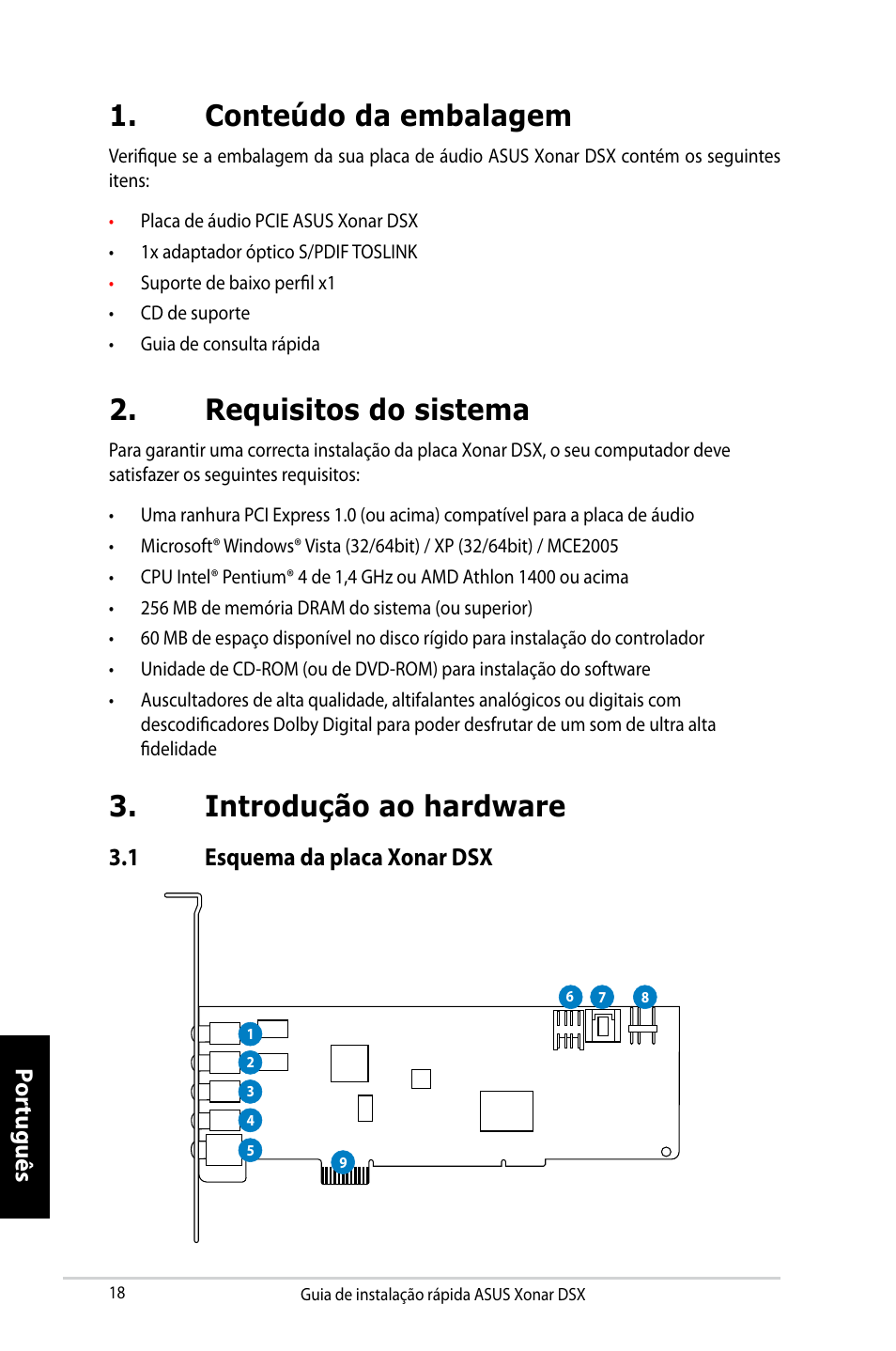 Conteúdo da embalagem, Requisitos do sistema, Introdução ao hardware | Por tuguês, 1 esquema da placa xonar dsx | Asus Xonar DSX User Manual | Page 18 / 29
