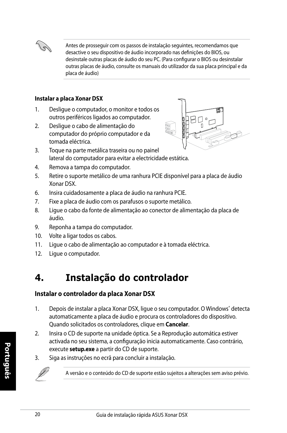 Instalação do controlador, Por tuguês | Asus Xonar DSX User Manual | Page 20 / 29