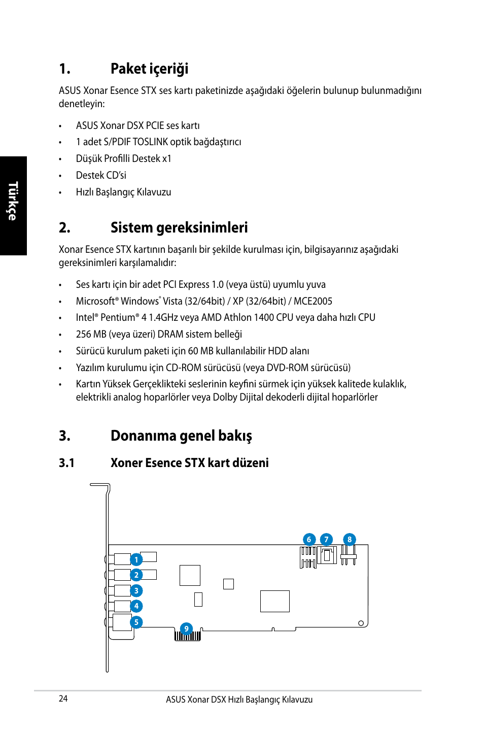 Paket içeriği, Sistem gereksinimleri, Donanıma genel bakış | Asus Xonar DSX User Manual | Page 24 / 29