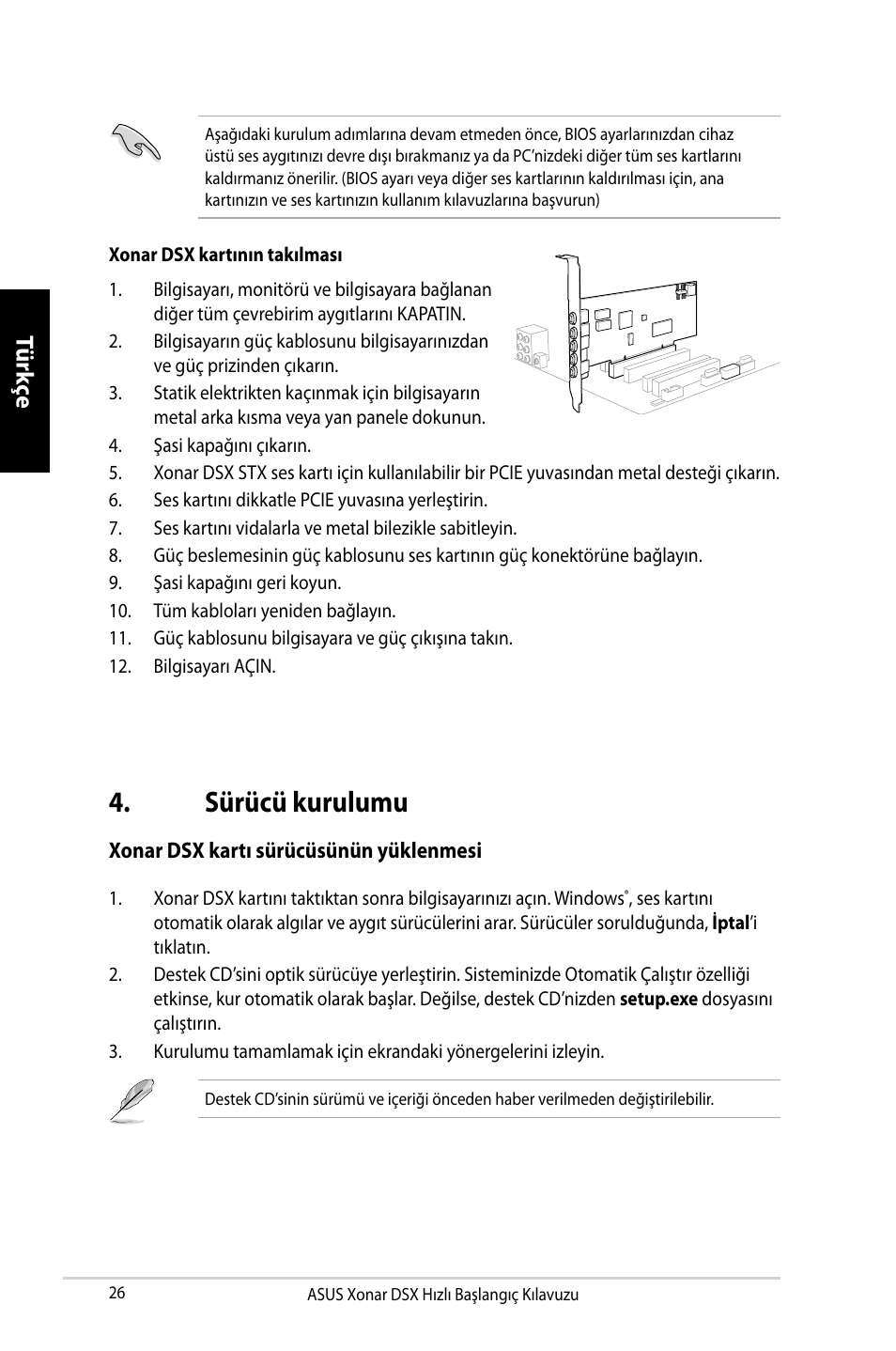 Sürücü kurulumu, Tür kç e tür kç e | Asus Xonar DSX User Manual | Page 26 / 29