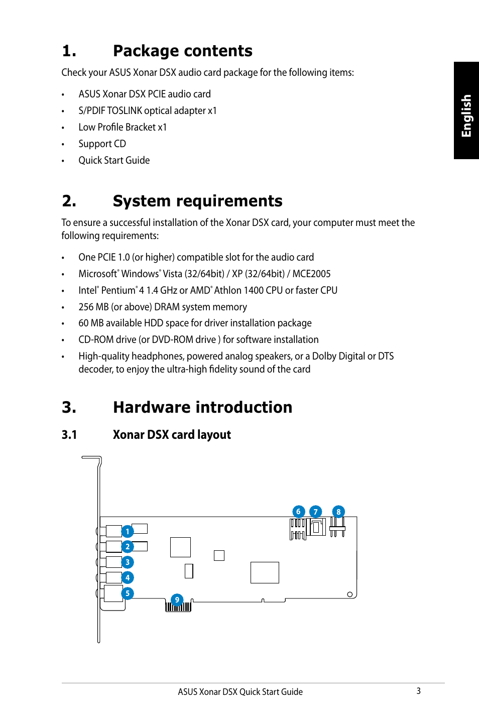 Package contents, System requirements, Hardware introduction | English, 1 xonar dsx card layout | Asus Xonar DSX User Manual | Page 3 / 29