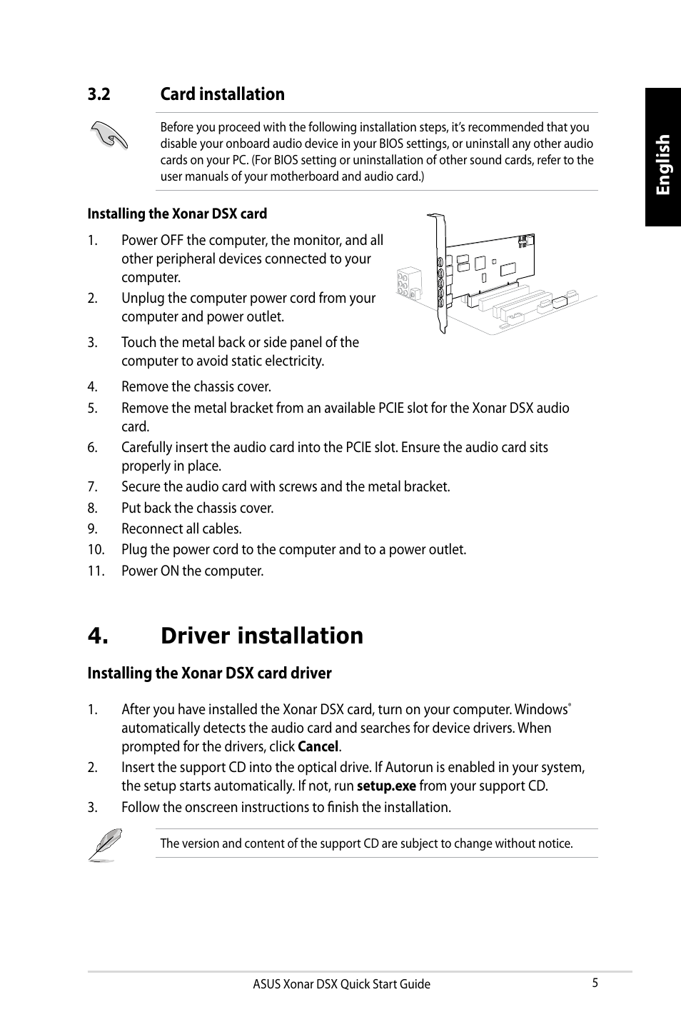 Driver installation, English 3.2 card installation | Asus Xonar DSX User Manual | Page 5 / 29