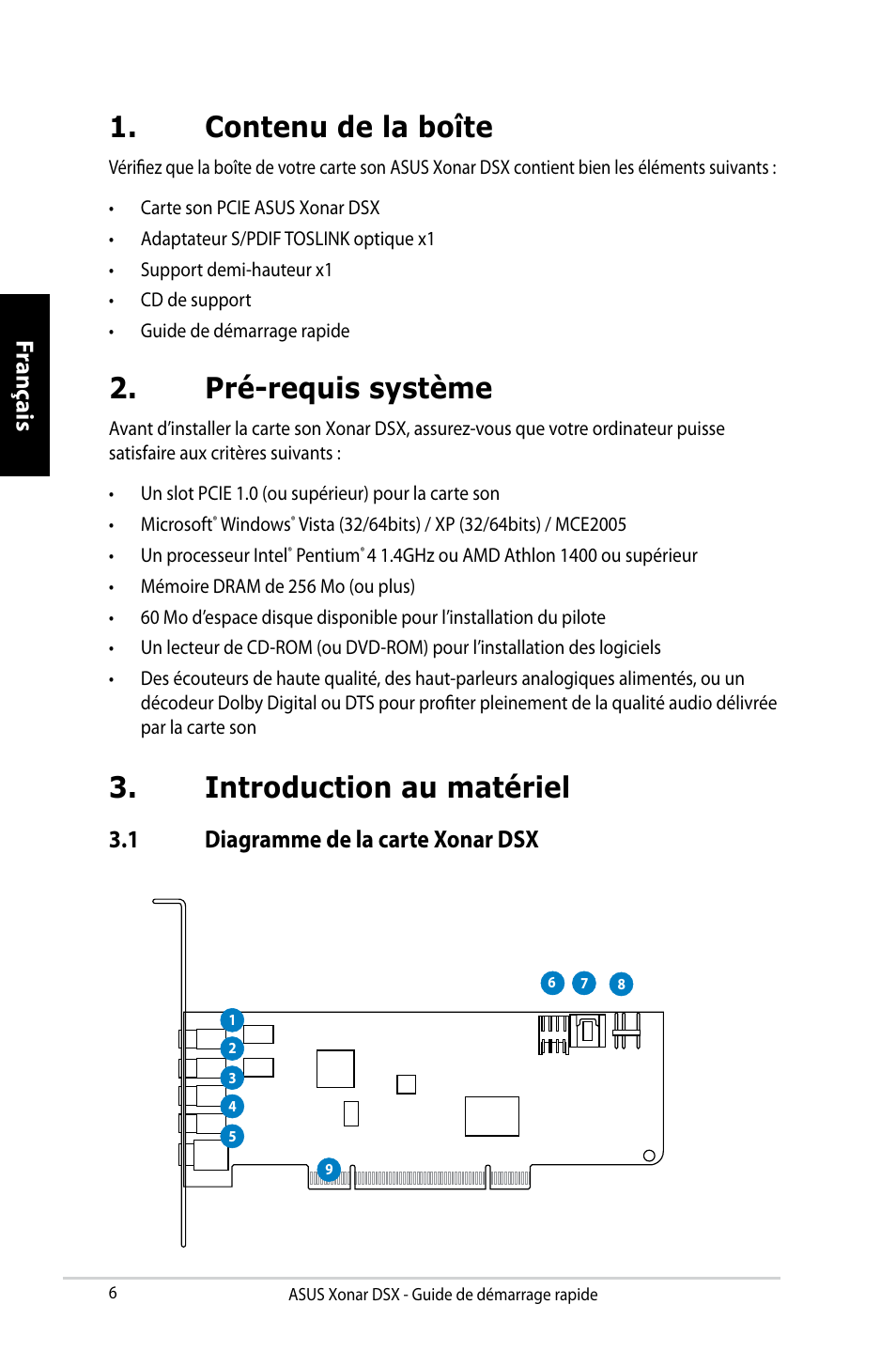 Contenu de la boîte, Pré-requis système, Introduction au matériel | Fr anç ais fr anç ais fr anç ais fr anç ais, 1 diagramme de la carte xonar dsx | Asus Xonar DSX User Manual | Page 6 / 29