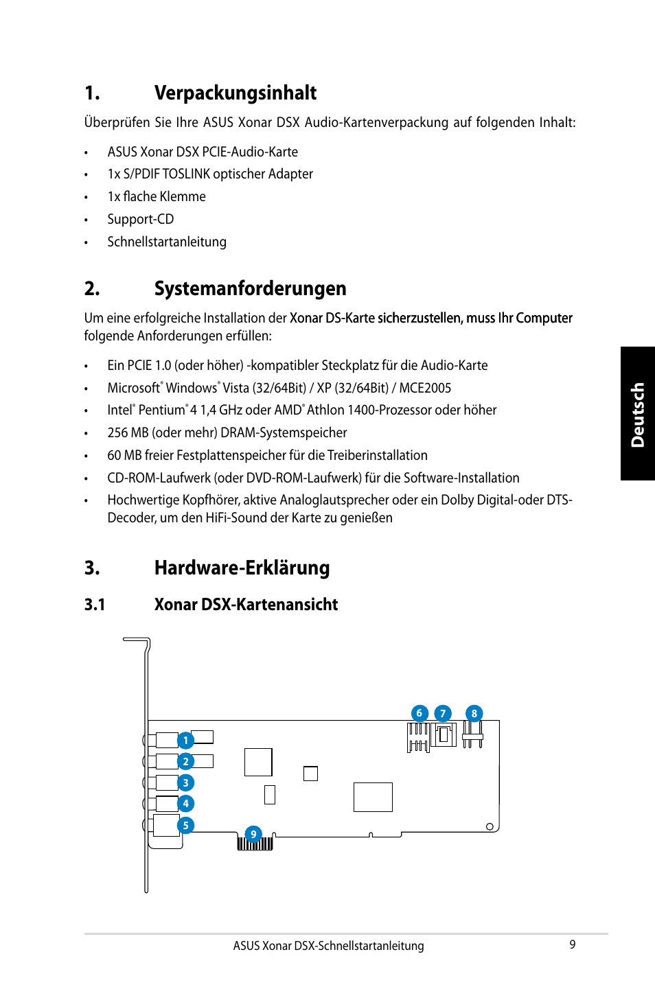 Verpackungsinhalt, Systemanforderungen, Hardware-erklärung | Deutsch, 1 xonar dsx-kartenansicht | Asus Xonar DSX User Manual | Page 9 / 29