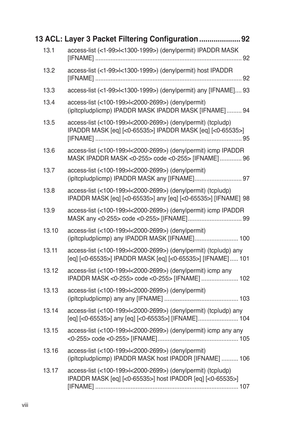 13 acl: layer 3 packet filtering configuration | Asus GigaX3124 User Manual | Page 10 / 326