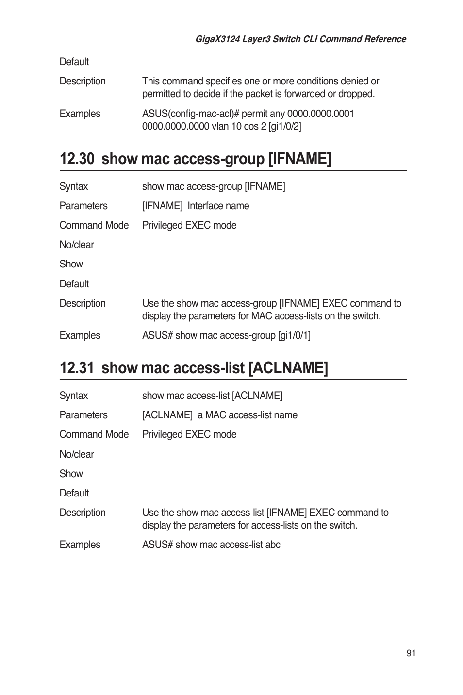 30 show mac access-group [ifname, 31 show mac access-list [aclname | Asus GigaX3124 User Manual | Page 116 / 326