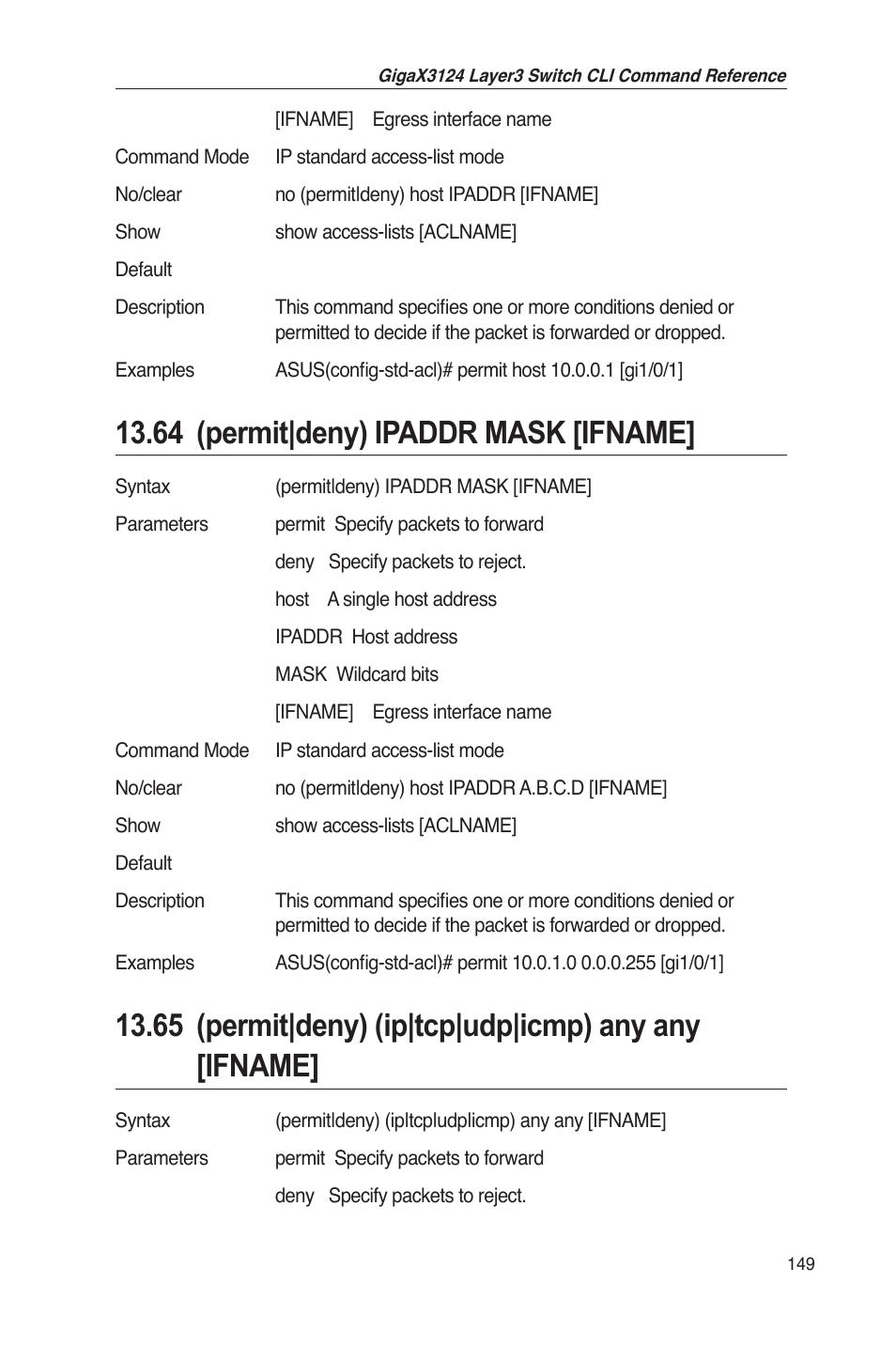 64 (permit|deny) ipaddr mask [ifname, 65 (permit|deny) (ip|tcp|udp|icmp) any any [ifname | Asus GigaX3124 User Manual | Page 174 / 326