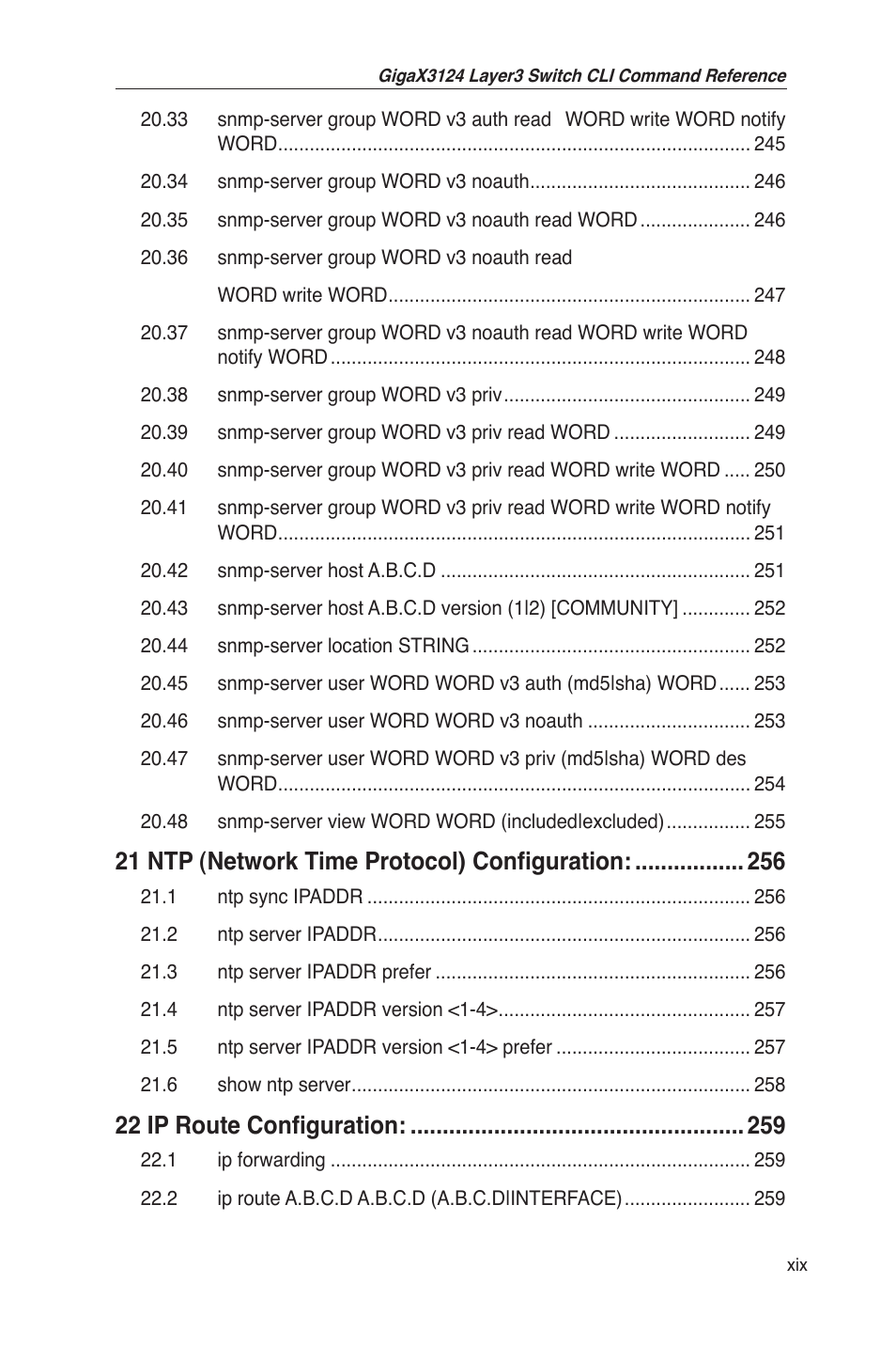 21 ntp (network time protocol) configuration, 22 ip route configuration | Asus GigaX3124 User Manual | Page 21 / 326