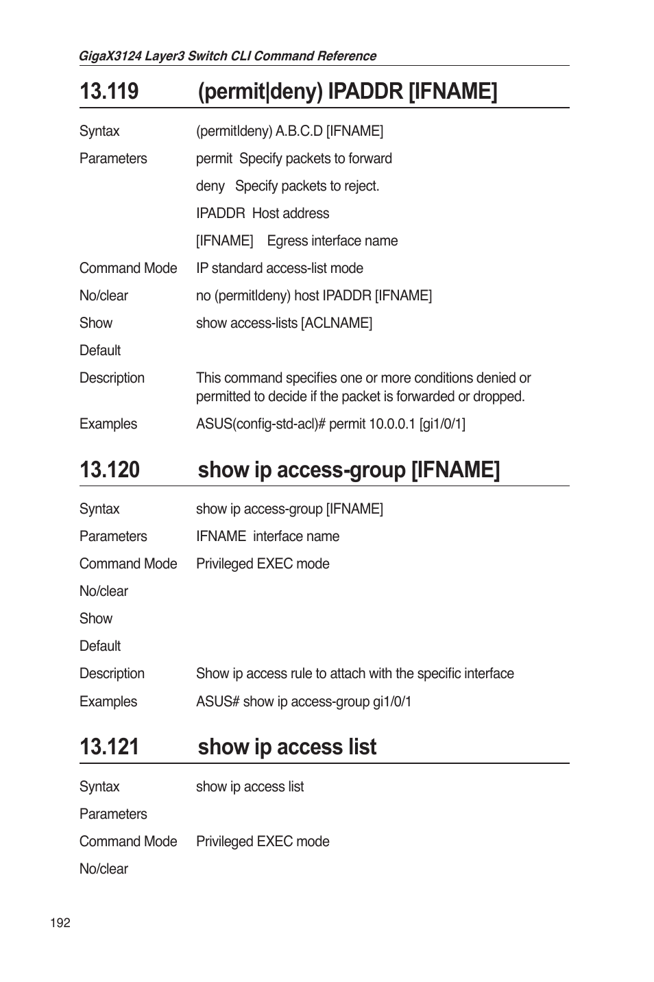 119 (permit|deny) ipaddr [ifname, 120 show ip access-group [ifname, 121 show ip access list | Asus GigaX3124 User Manual | Page 217 / 326