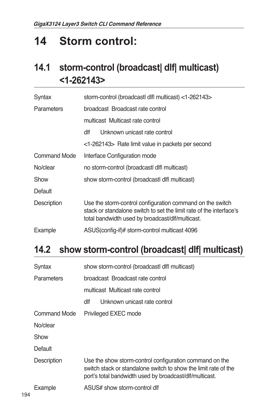 14 storm control, 2 show storm-control (broadcast| dlf| multicast) | Asus GigaX3124 User Manual | Page 219 / 326