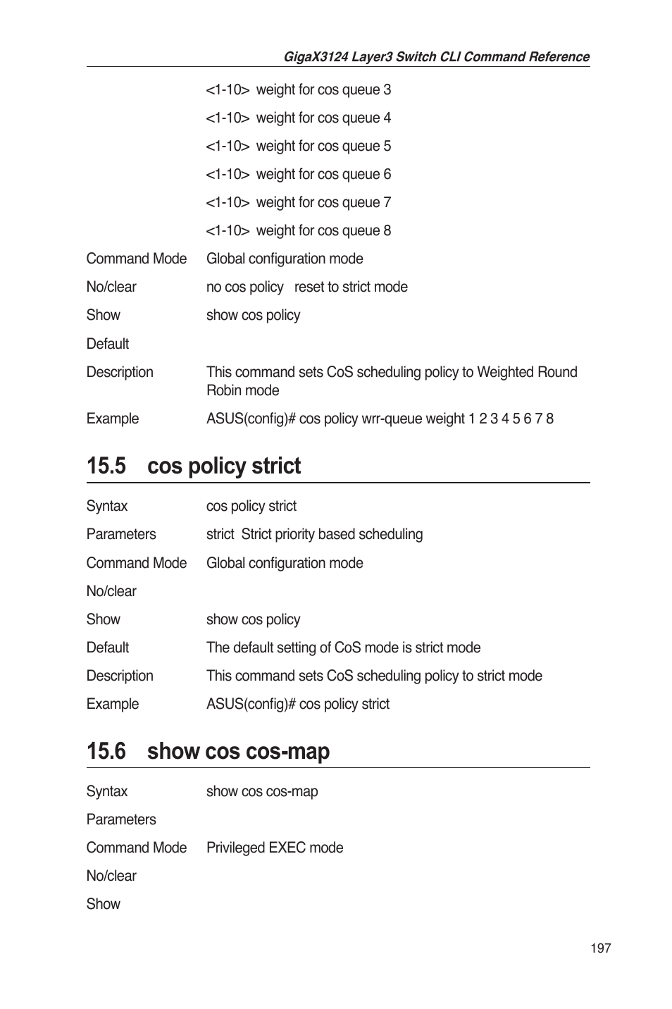 5 cos policy strict, 6 show cos cos-map | Asus GigaX3124 User Manual | Page 222 / 326