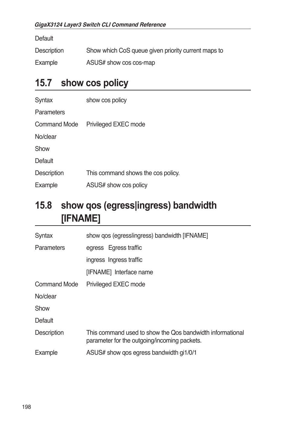 7 show cos policy, 8 show qos (egress|ingress) bandwidth [ifname | Asus GigaX3124 User Manual | Page 223 / 326