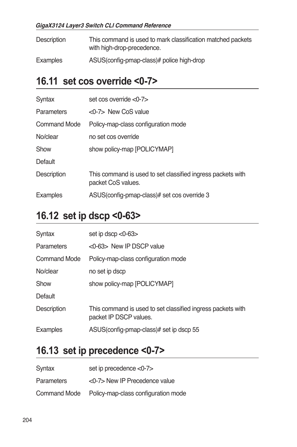 11 set cos override <0-7, 13 set ip precedence <0-7 | Asus GigaX3124 User Manual | Page 229 / 326