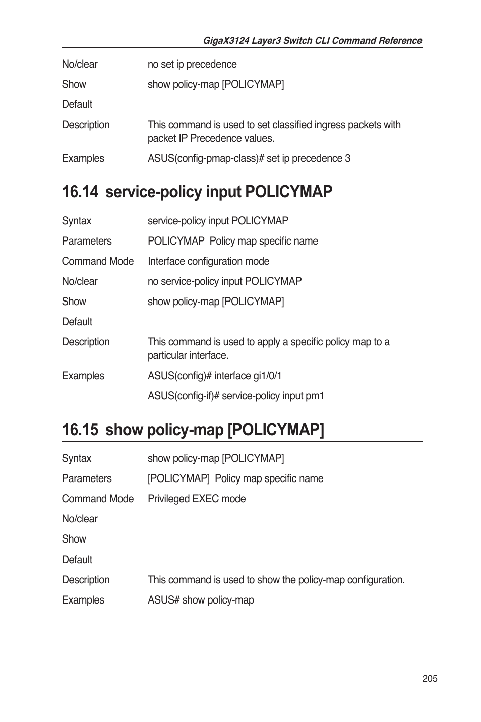 14 service-policy input policymap, 15 show policy-map [policymap | Asus GigaX3124 User Manual | Page 230 / 326