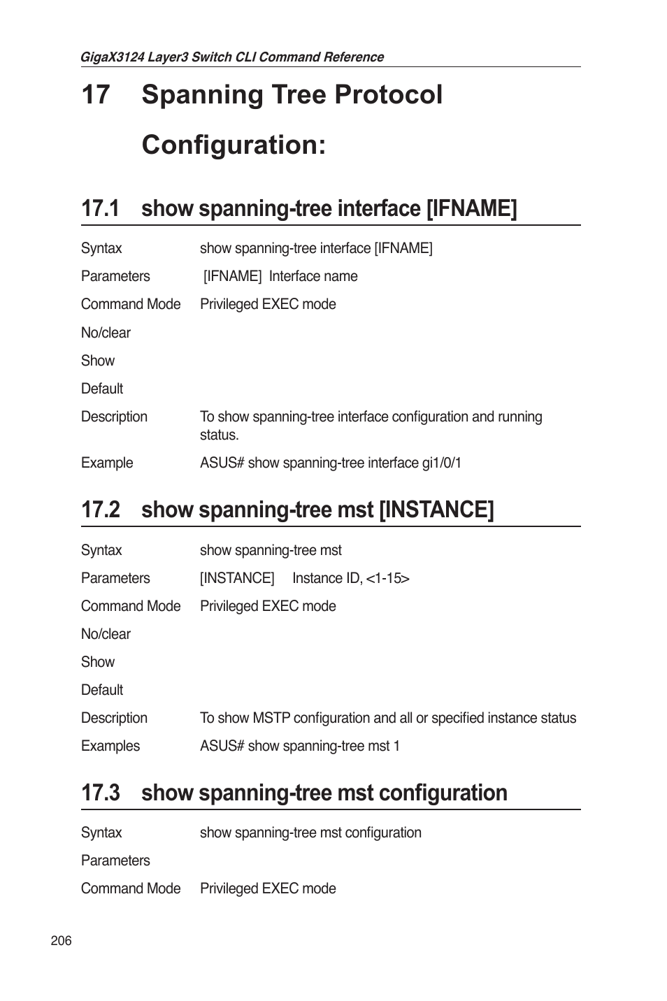 17 spanning tree protocol configuration, 1 show spanning-tree interface [ifname, 2 show spanning-tree mst [instance | 3 show spanning-tree mst configuration | Asus GigaX3124 User Manual | Page 231 / 326