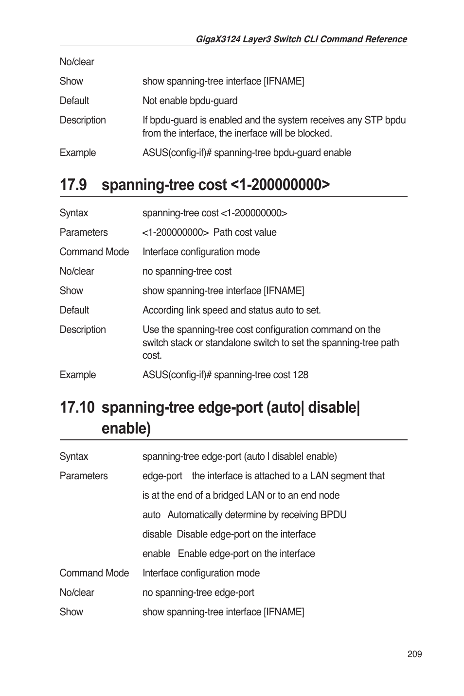 10 spanning-tree edge-port (auto| disable| enable) | Asus GigaX3124 User Manual | Page 234 / 326