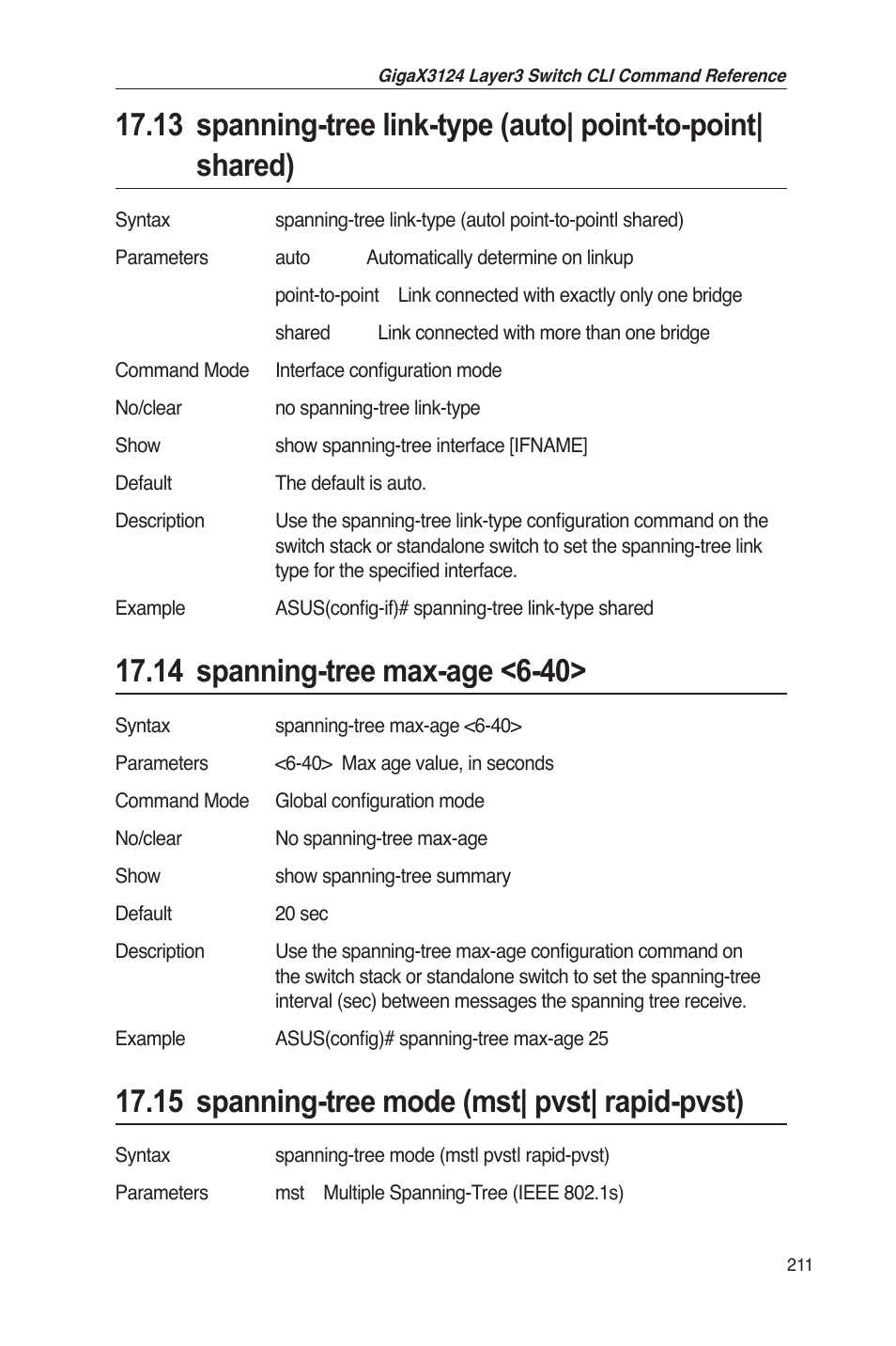 15 spanning-tree mode (mst| pvst| rapid-pvst) | Asus GigaX3124 User Manual | Page 236 / 326