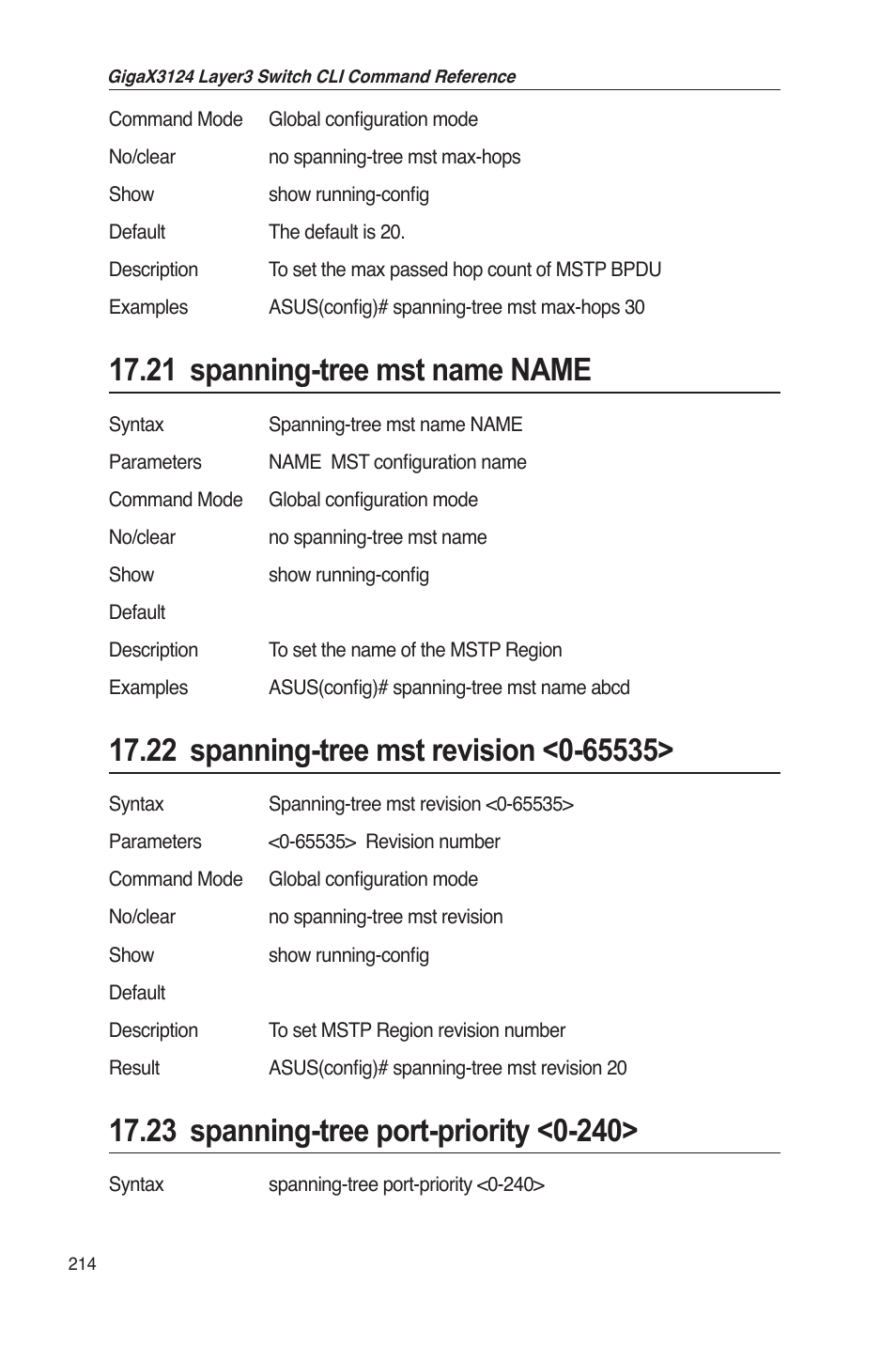 21 spanning-tree mst name name | Asus GigaX3124 User Manual | Page 239 / 326