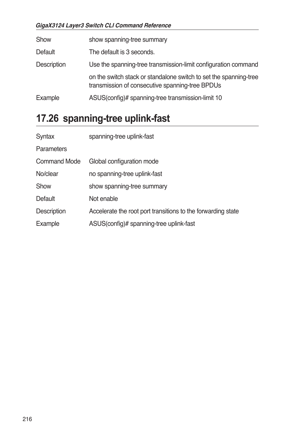 26 spanning-tree uplink-fast | Asus GigaX3124 User Manual | Page 241 / 326