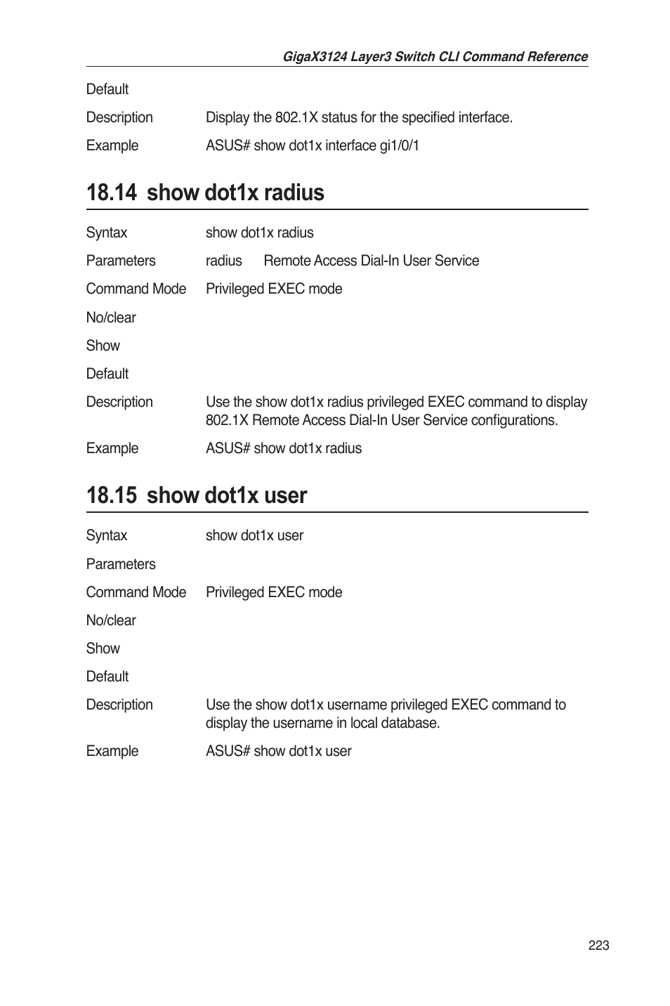 14 show dot1x radius, 15 show dot1x user | Asus GigaX3124 User Manual | Page 248 / 326