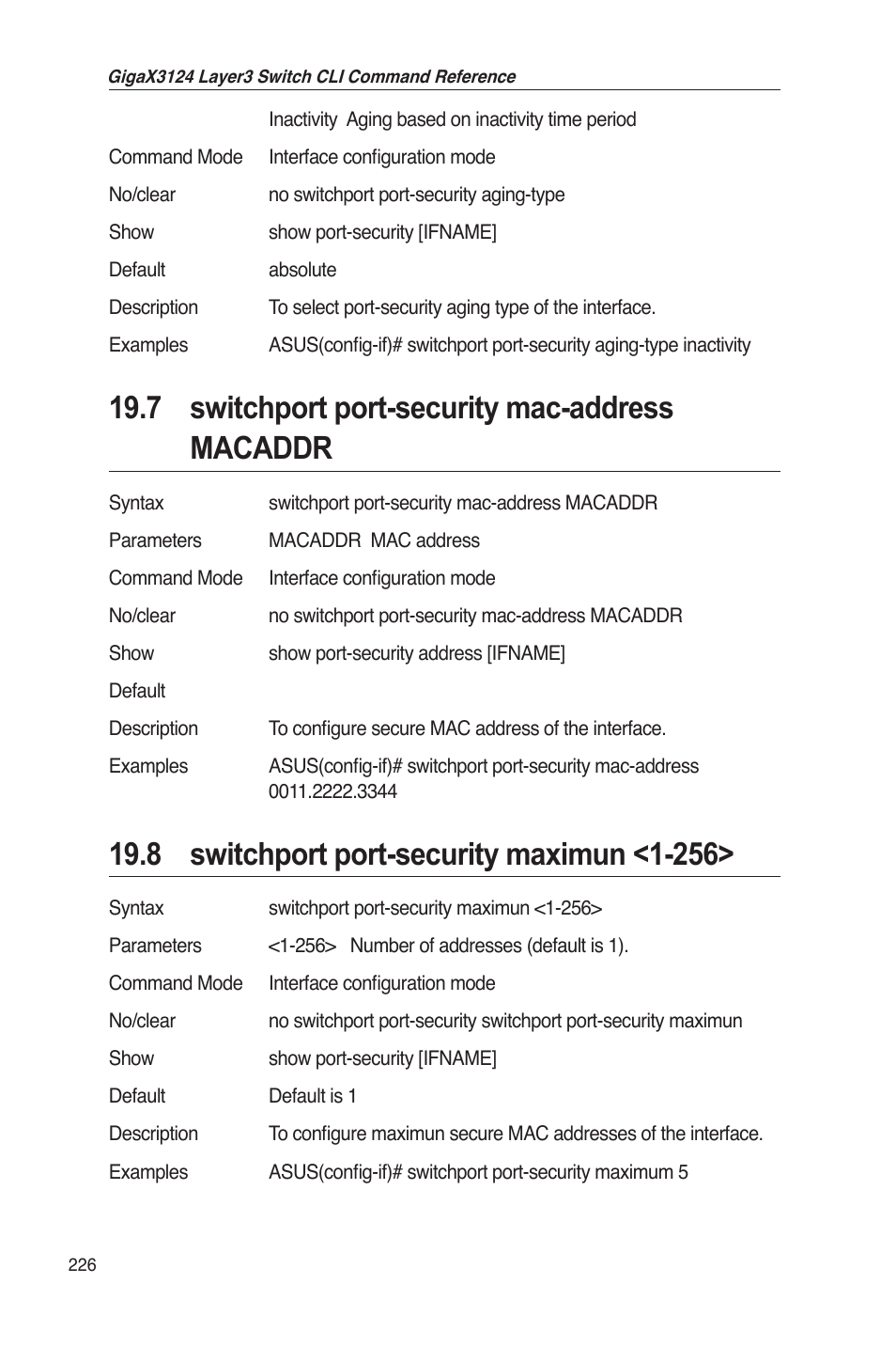 7 switchport port-security mac-address macaddr | Asus GigaX3124 User Manual | Page 251 / 326