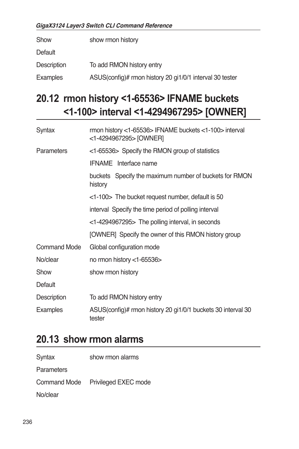 13 show rmon alarms | Asus GigaX3124 User Manual | Page 261 / 326