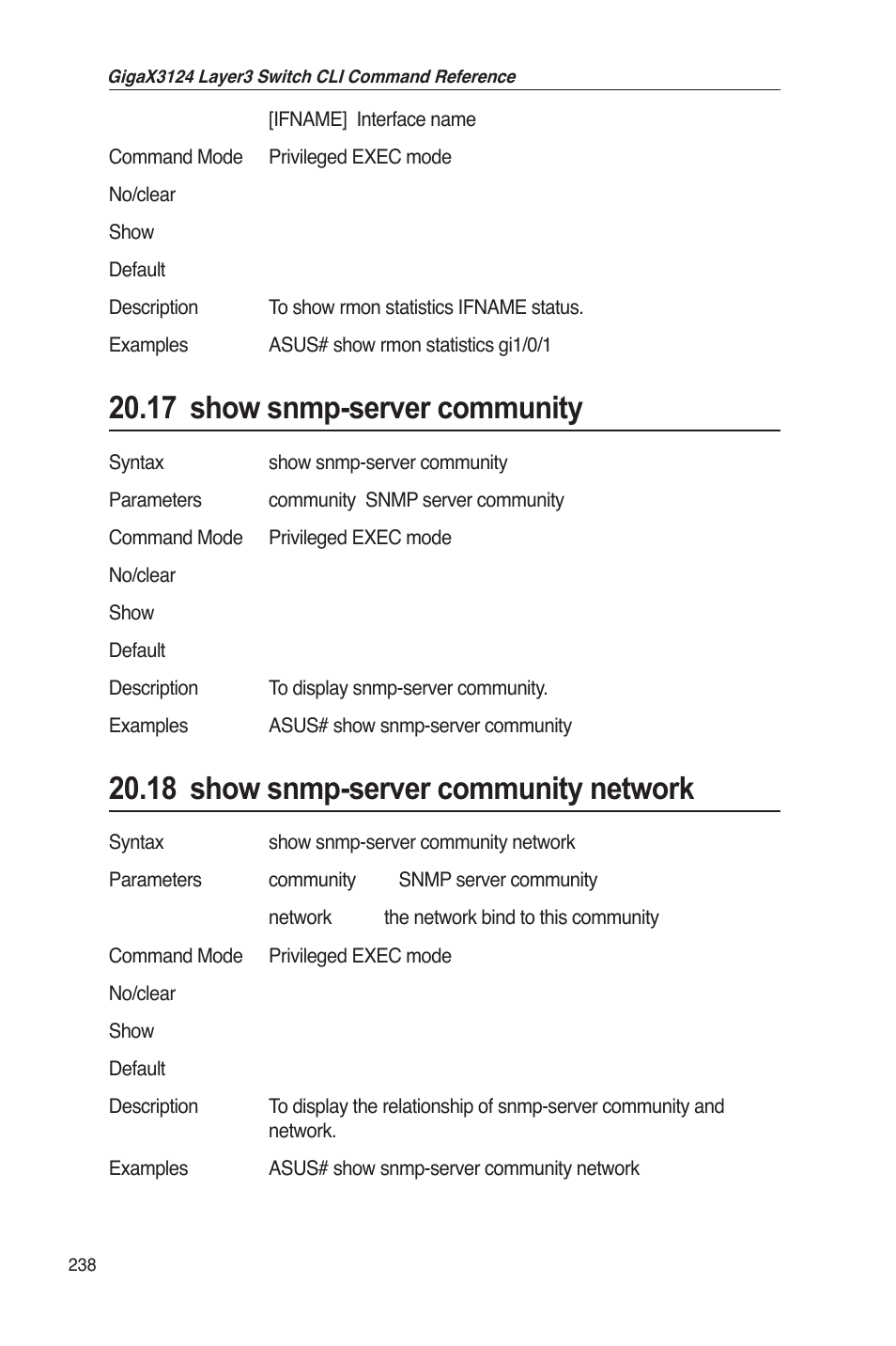 17 show snmp-server community, 18 show snmp-server community network | Asus GigaX3124 User Manual | Page 263 / 326