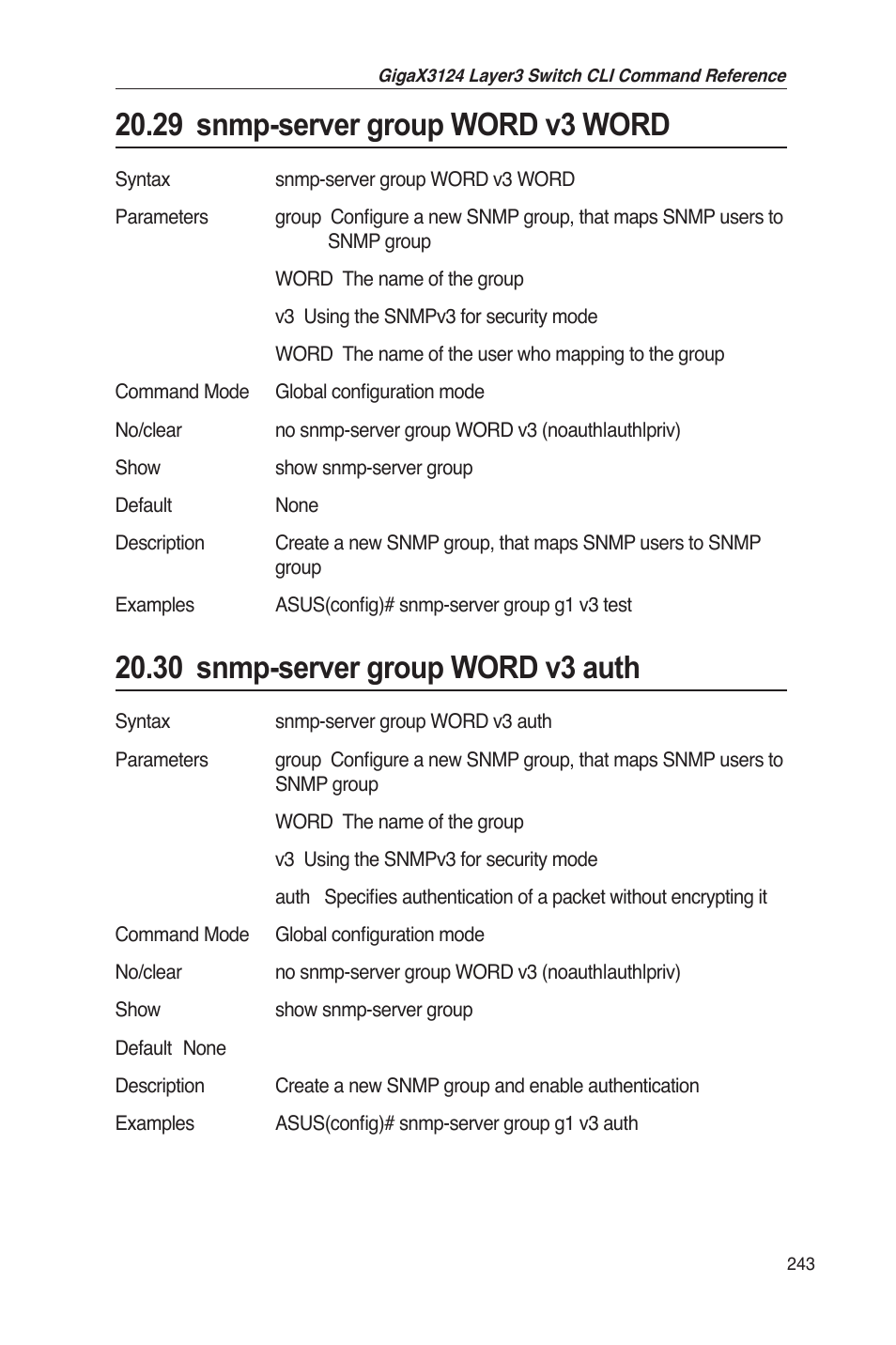 29 snmp-server group word v3 word, 30 snmp-server group word v3 auth | Asus GigaX3124 User Manual | Page 268 / 326