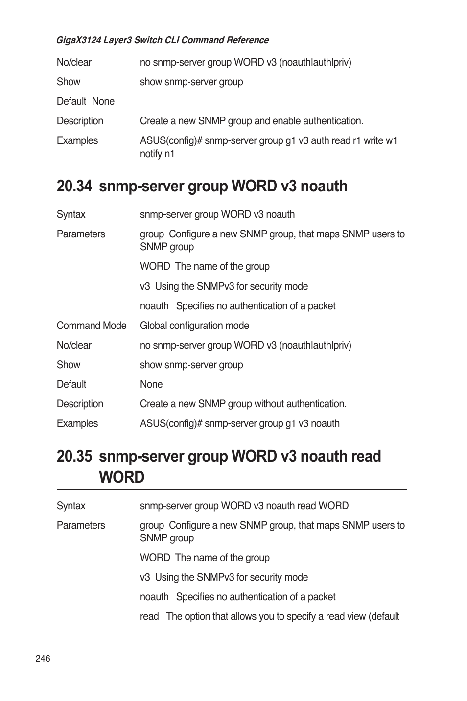 34 snmp-server group word v3 noauth, 35 snmp-server group word v3 noauth read word | Asus GigaX3124 User Manual | Page 271 / 326