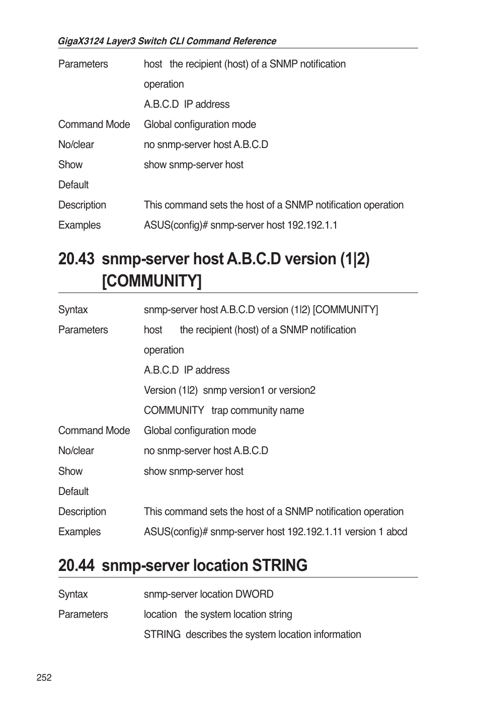 44 snmp-server location string | Asus GigaX3124 User Manual | Page 277 / 326