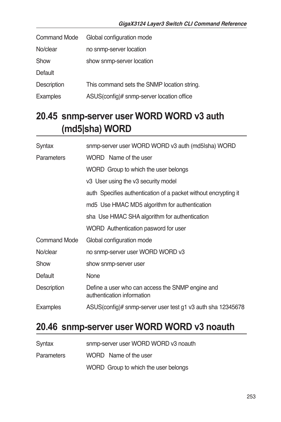 46 snmp-server user word word v3 noauth | Asus GigaX3124 User Manual | Page 278 / 326