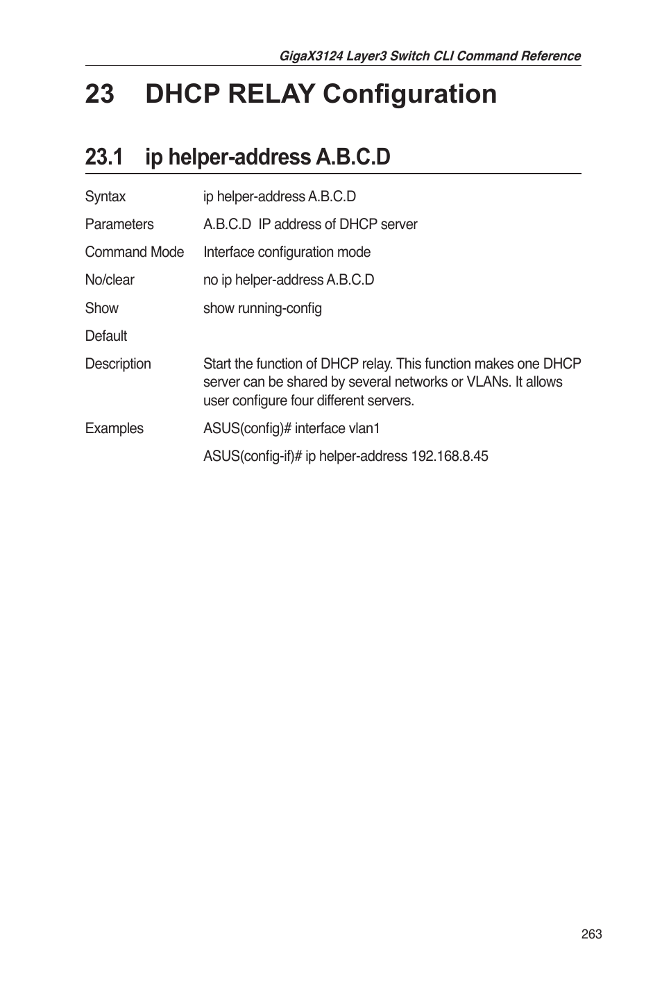 23 dhcp relay configuration, 1 ip helper-address a.b.c.d | Asus GigaX3124 User Manual | Page 288 / 326