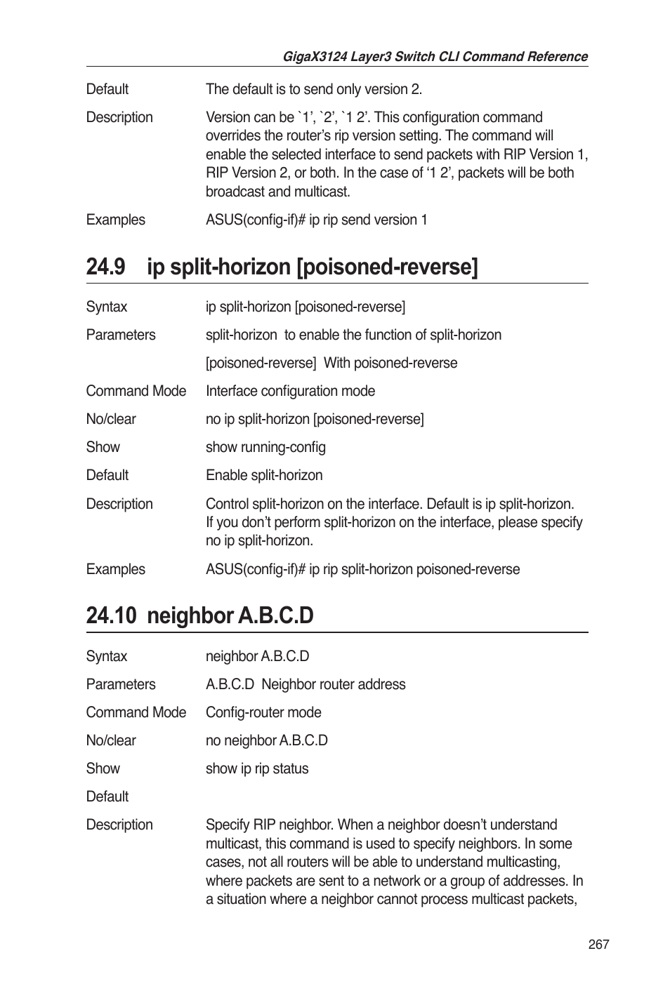 9 ip split-horizon [poisoned-reverse, 10 neighbor a.b.c.d | Asus GigaX3124 User Manual | Page 292 / 326