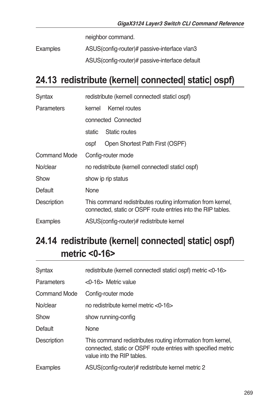 13 redistribute (kernel| connected| static| ospf) | Asus GigaX3124 User Manual | Page 294 / 326