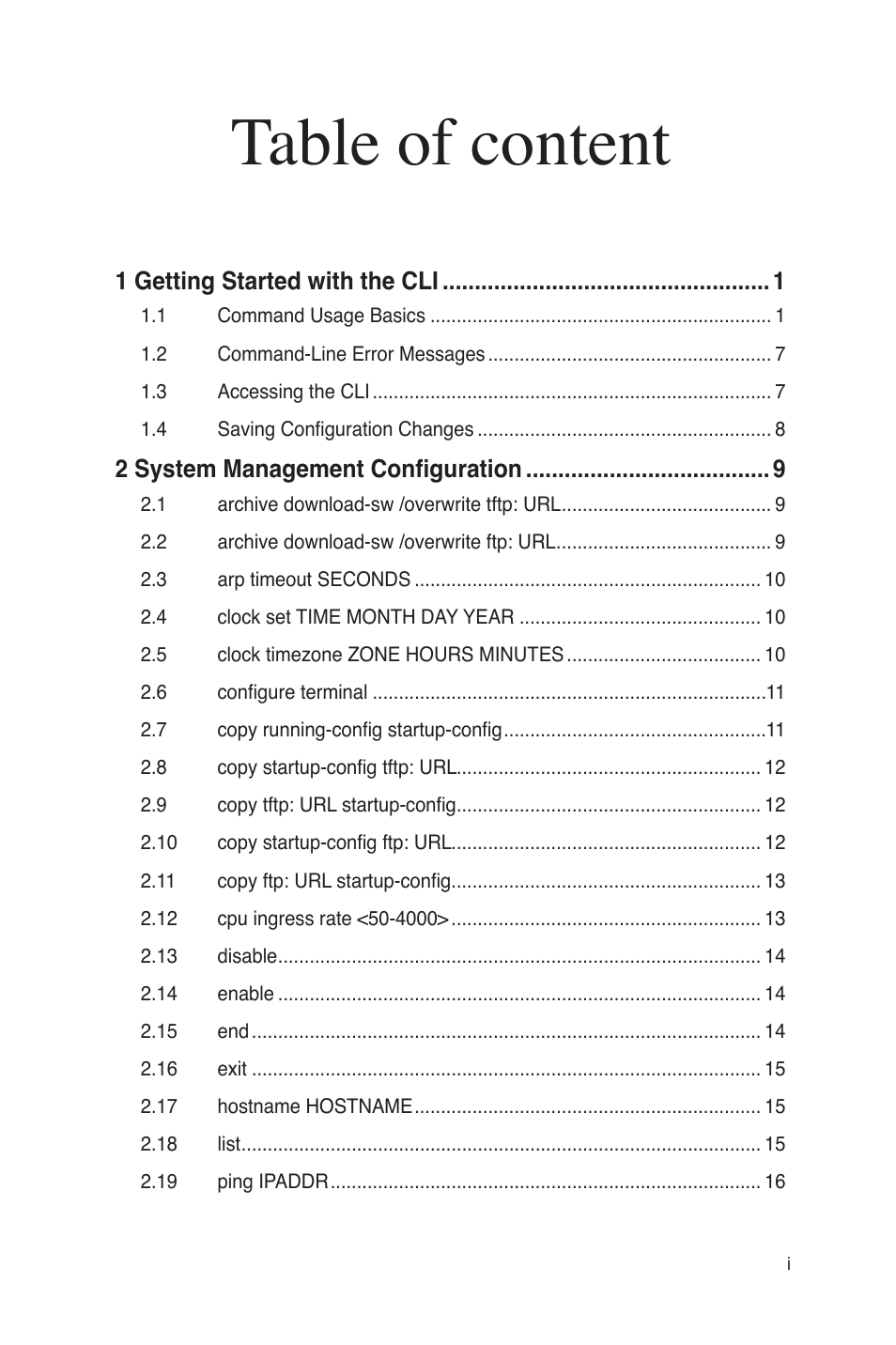 Table of content, 1 getting started with the cli, 2 system management configuration | Asus GigaX3124 User Manual | Page 3 / 326