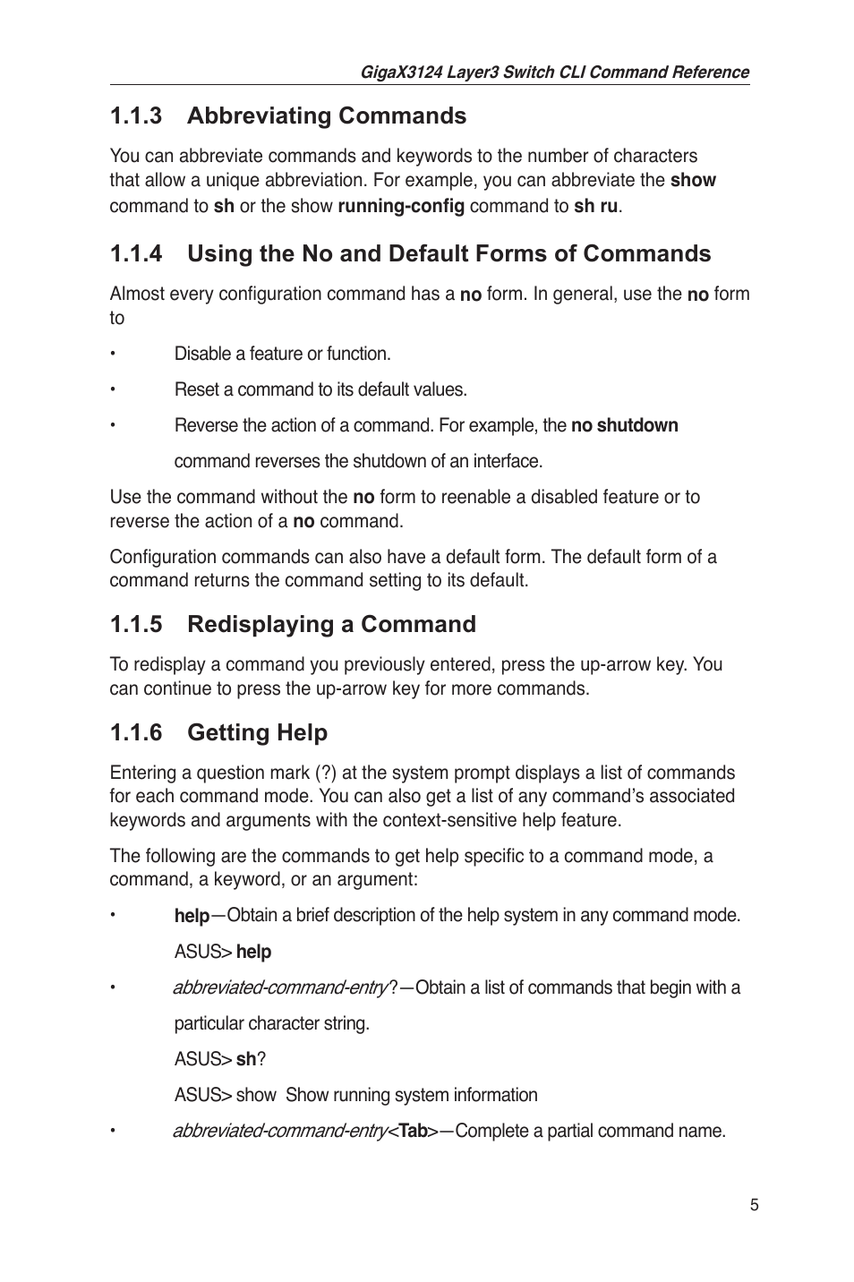 3 abbreviating commands, 4 using the no and default forms of commands, 5 redisplaying a command | 6 getting help | Asus GigaX3124 User Manual | Page 30 / 326