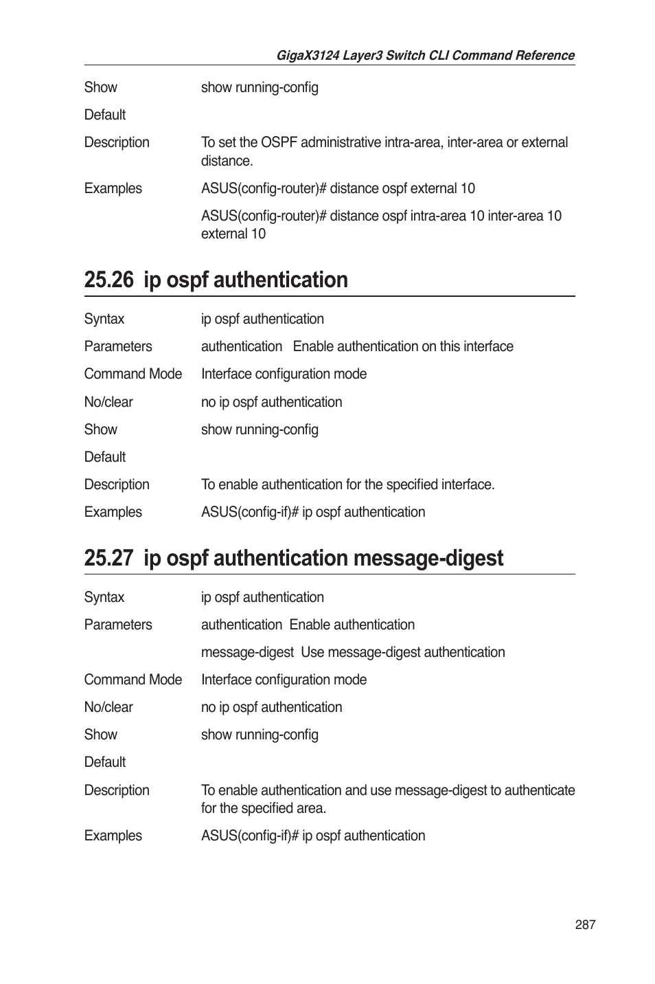 26 ip ospf authentication, 27 ip ospf authentication message-digest | Asus GigaX3124 User Manual | Page 312 / 326