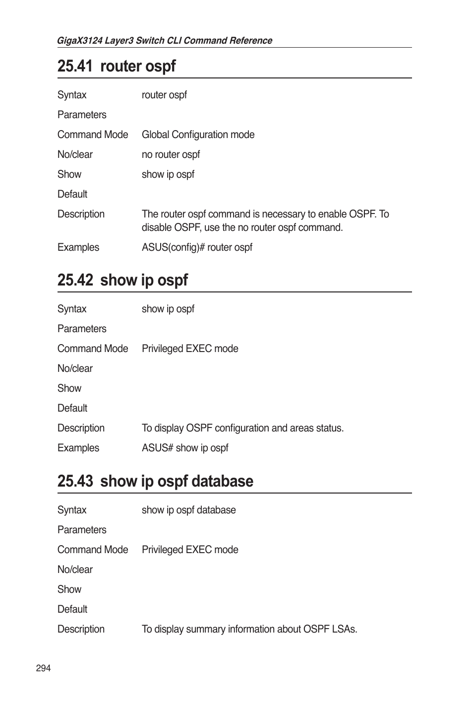 41 router ospf, 42 show ip ospf, 43 show ip ospf database | Asus GigaX3124 User Manual | Page 319 / 326