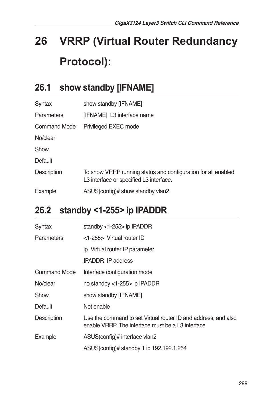 26 vrrp (virtual router redundancy protocol), 1 show standby [ifname | Asus GigaX3124 User Manual | Page 324 / 326