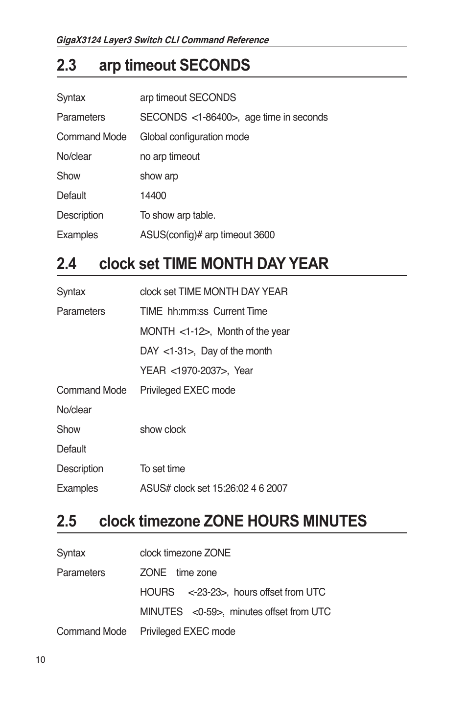 3 arp timeout seconds, 4 clock set time month day year, 5 clock timezone zone hours minutes | Asus GigaX3124 User Manual | Page 35 / 326