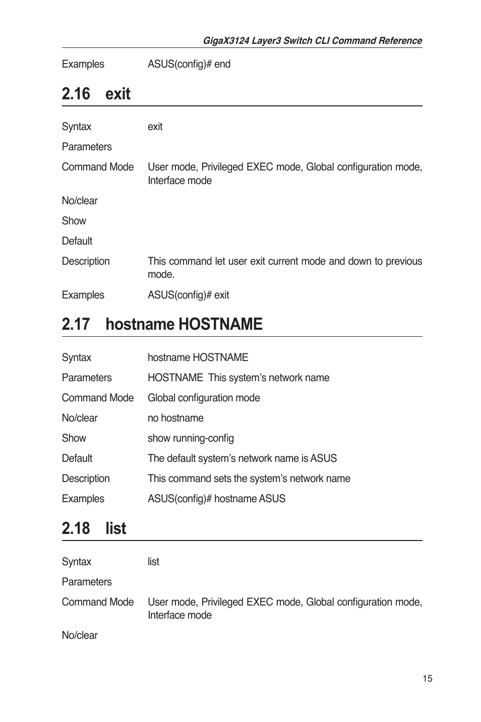 16 exit, 17 hostname hostname, 18 list | Asus GigaX3124 User Manual | Page 40 / 326